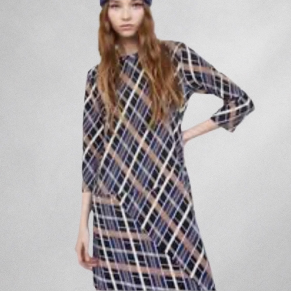 Zara Trafaluc Womens Dress S Geo Plaid Asymmetrical Midi Dress Multicolor
